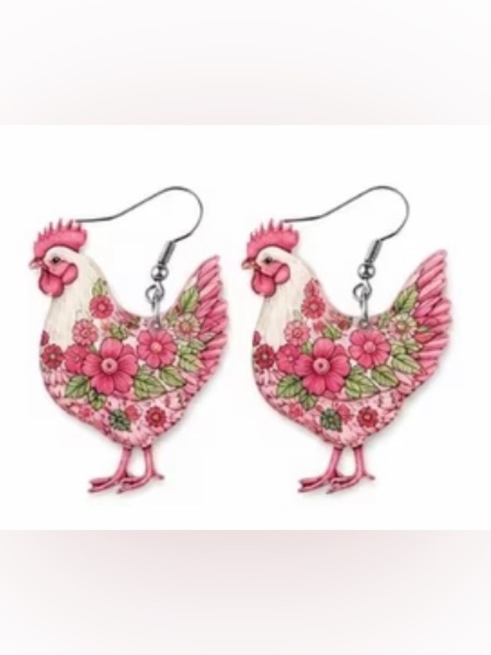 Floral Pink Chicken Dangle Earrings - Women Jewelry